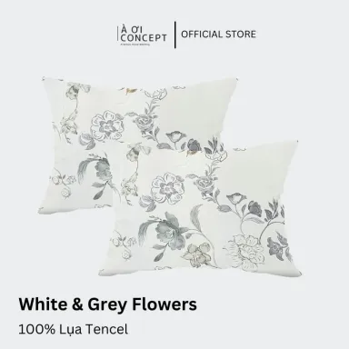 Vỏ Gối Nằm Lụa Tencel 60s Hoa Văn White & Grey Flowers