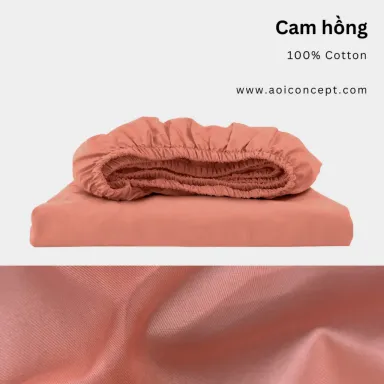 Ga Giường Cotton Satin Bo Chun Màu Cam Hồng
