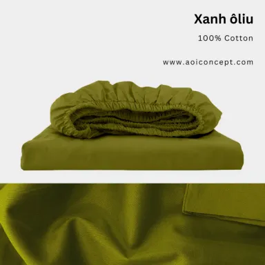 Ga Giường Cotton Satin Bo Chun Màu Xanh Olive