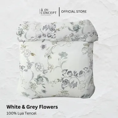 Vỏ Mền Lồng Ruột Lụa Tencel Họa Tiết White & Grey Flowers