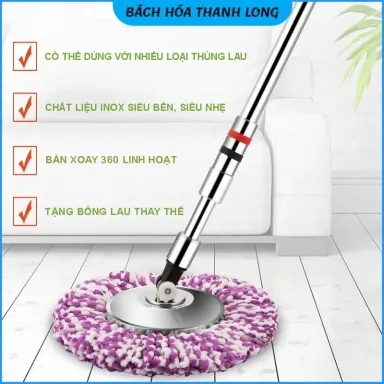 Cây Lau Nhà 360 Độ Inox Cao Cấp Siêu Dày, Chắc Tay, Xoay Nhẹ Tay Kèm Bông Lau