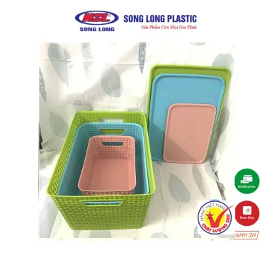 Combo 5 Giỏ Đựng Đồ Bằng Nhựa Có Nắp Giả Mây Kiểu Hàn Quốc Song Long Plastic