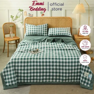 Bộ Chăn Ga Gối Cotton Tici Chăn Trần EMMI Bedding Mẫu Caro Xanh Lá, Grap Nệm Thun Lạnh Hàn Quốc Drap Giường Đệm Đủ Size