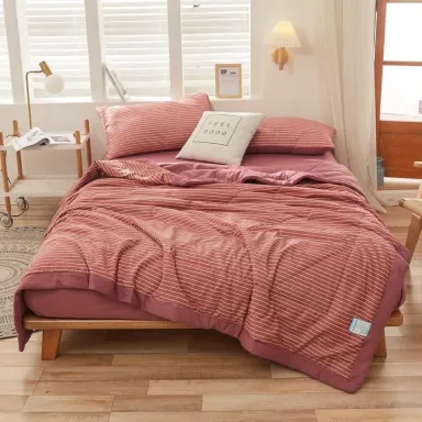 Bộ Chăn Ga Gối Cotton Tici Chăn Trần EMMI Bedding Mẫu Kẻ Ngang Hồng Grap Nệm Thun Lạnh Hàn Quốc Drap Giường Đệm Đủ Size