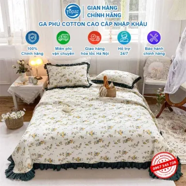 (Tặng Kèm 2 Vỏ Gối) Bộ Ga Giường Cotton Cao Cấp Chính Hãng TOPAZ _ Ga Phủ Giường Nhập Khẩu Chất Liệu Lụa Kháng Khuẩn