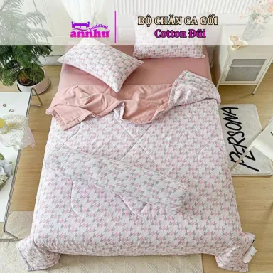 Bộ Chăn Ga Gối 5 Món Cotton Đũi, Chăn Hè Chần Bông Nhập Khẩu Nguyên Set Full Size An Như Bedding