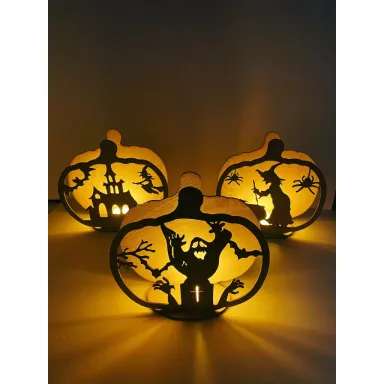 Đèn Gỗ Để Bàn Trang Trí Chủ Đề Halloween Đường Kính 20cm Decor Halloween Mặt Nạ, Phù Thủy, Lâu Đài