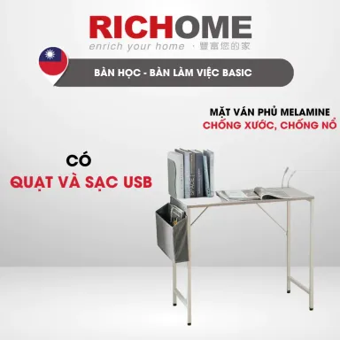 Bàn Làm Việc Basic Có Quạt Ổ Usb Sạc, RICHOME DE320, Khung Sắt Sơn Tính Điện, Ván MDF Phủ Melamin