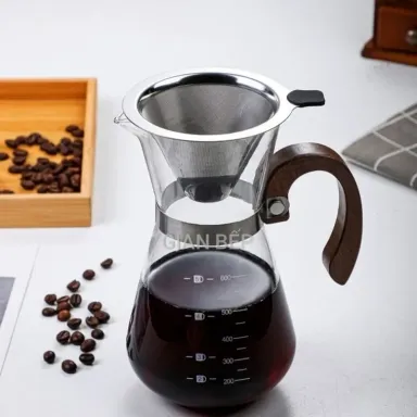 Bình Pha Cà Phê Chemex 600ML Thủy Tinh Chịu Nhiệt, Tay Cầm Gỗ Cách Nhiệt, Chống Trơn, Có Chia Vạch Kèm Phễu Lọc Inox 304