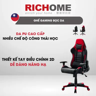 Ghế Gaming Bọc Da Cao Cấp RICHOME CH1352GR/R Thiết Kế Tựa Đầu, Lưng Ngả 135 Độ Hiện Đại, Sang Trọng