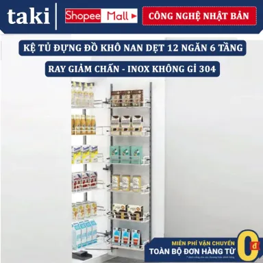 {Nhập Khẩu) Kệ Đồ Nhà Bếp, Kệ Tủ Để Đồ Khô 12 Ngăn 6 Tầng NAN DẸT - Ray Giảm Chấn - INOX Không Gỉ 304 - Có Thợ Lắp