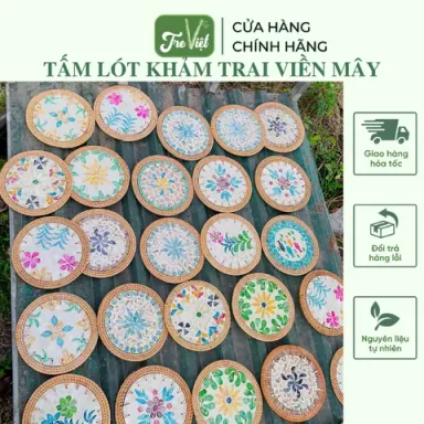 Tấm Lót Khảm Trai Viền Mây 25cm Lót Bình Hoa/ Lót Nồi/ Treo Tường Trang Trí Decor - Rattan Placemat