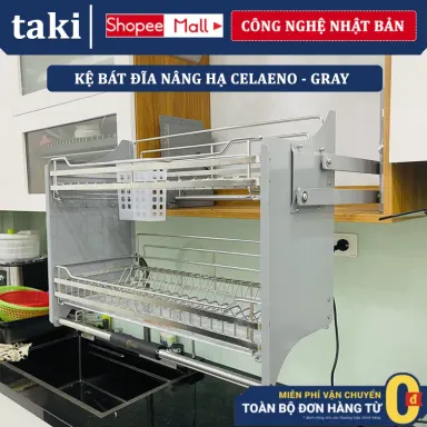 Trọn Bộ Kệ Chén Nâng Hạ CELANEO GRAY - WHITE - Bản Cao Cấp 2025, Giá Bát Nâng Hạ INOX 304 - Bảo Hành Máy 10 Năm