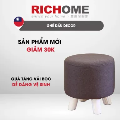 Ghế Đẩu Tròn RICHOME CH1194 Ghế Đẩu Chân Gỗ Cute, Nhỏ Gọn, Vải Bọc Có Thể Tháo Giặt Tiện Lợi