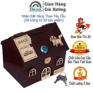 Hộp Đựng Tiền Tiết Kiệm Bằng Gỗ Có Khóa Hình Ngôi Nhà Xinh Xắn (HAMET_HTKNN) Hộp Đựng Tiền Độc Đáo