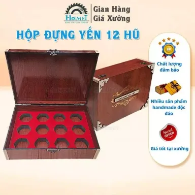 Hộp Gỗ Đựng Yến Sào 12 Hủ HAMET. Hộp Có Khóa Gài, Bên Trong Cắt Mút Lót Nhung Định Hình Làm Hộp Quà Tặng Yến Cao Cấp