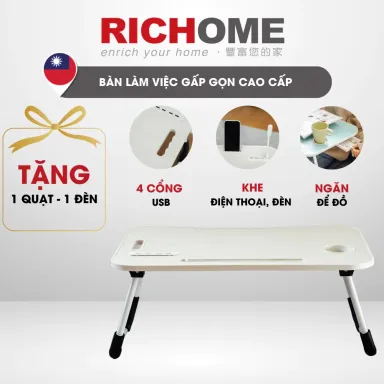 [Tặng 1 Quạt + Đèn] Bàn Gấp Học Sinh, Bàn Học Gấp Gọn Mini (4 Cổng USB), Bàn Gấp Gọn Phủ Melamin RICHOME TA480/TA481