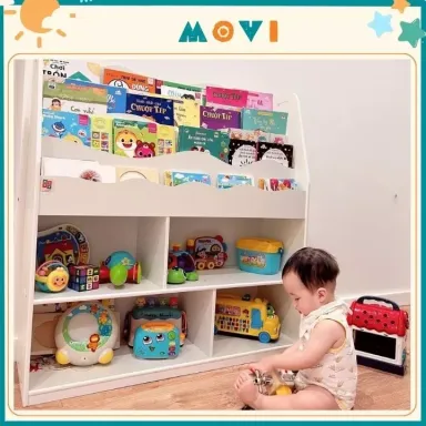 Kệ sách cho bé, kệ đồ chơi, giá sách gỗ 4 tầng, giá sách kết hợp kệ đồ chơi Montessori cho bé KS05