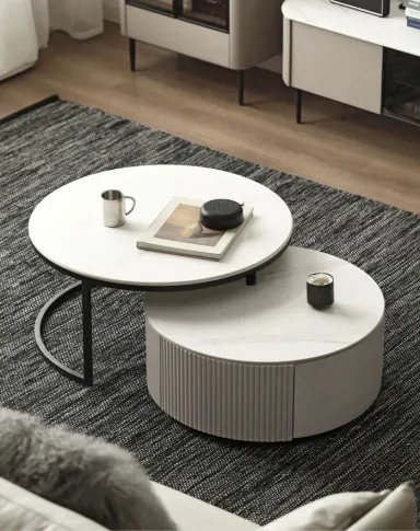 Bàn Trà Luxury Tròn Xám | Gỗ Công Nghiệp - Chân Sắt Sơn | Ngăn Kéo Tiện Ích