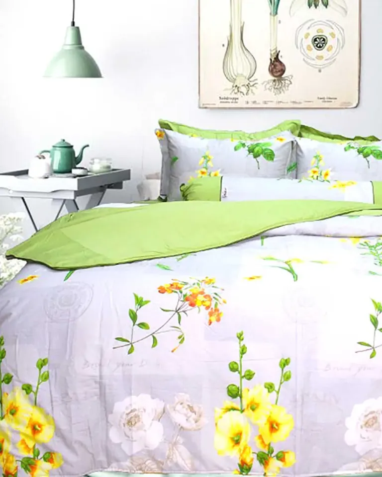 Bộ Vỏ Chăn Ga Gối Cotton Satin Hoa Vàng