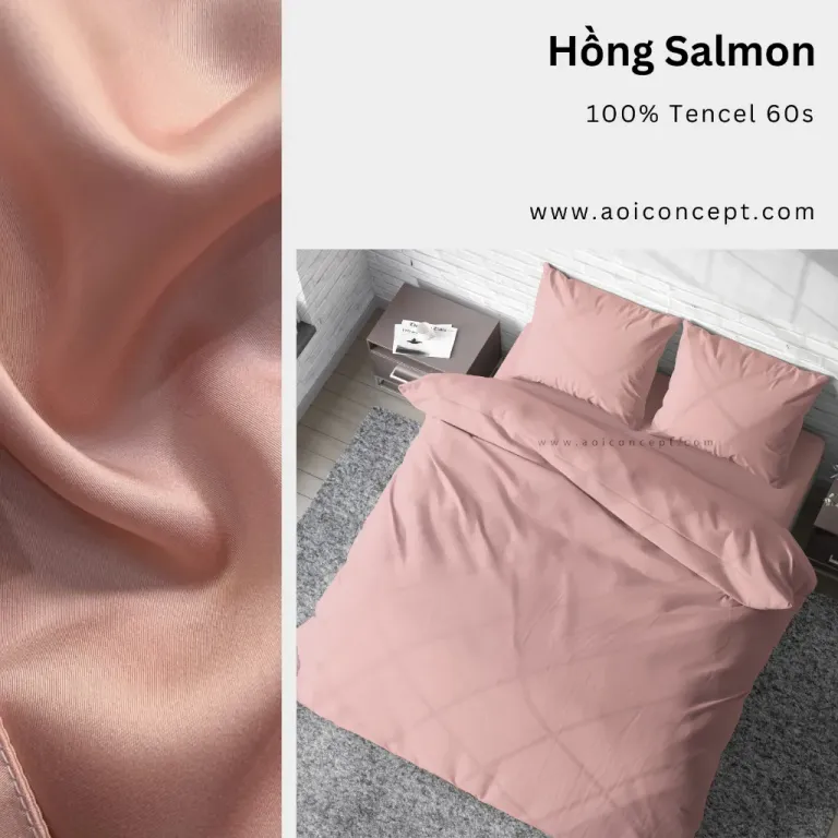 Bộ Chăn Ga Gối 4 Món Lụa Tencel Màu Hồng Salmon