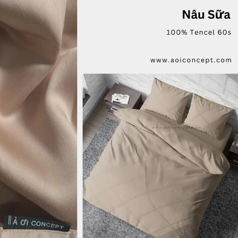 Bộ Chăn Ga Gối 4 Món Lụa Tencel Màu Nâu Sữa