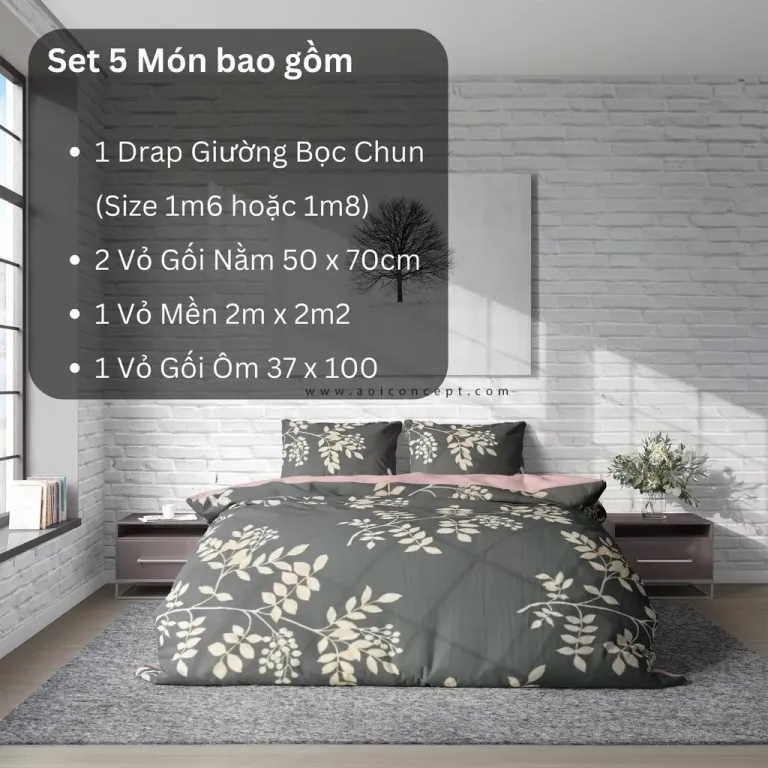 Bộ Chăn Ga Gối 5 Món Cotton Satin Họa Tiết Dry Tree Branches