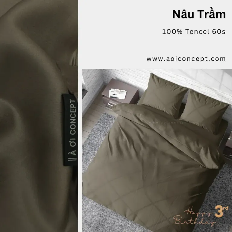 Bộ Chăn Ga Gối 5 Món Lụa Tencel Màu Nâu Trầm