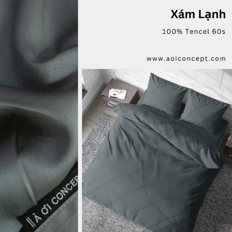 Bộ Chăn Ga Gối 5 Món Lụa Tencel Màu Xám Lạnh