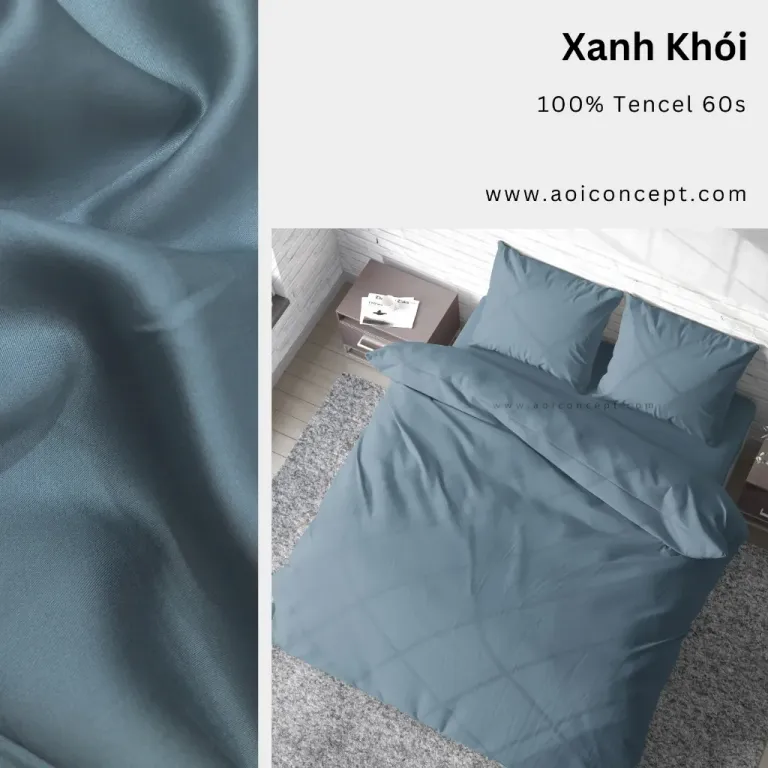 Bộ Chăn Ga Gối 5 Món Lụa Tencel Màu Xanh Khói