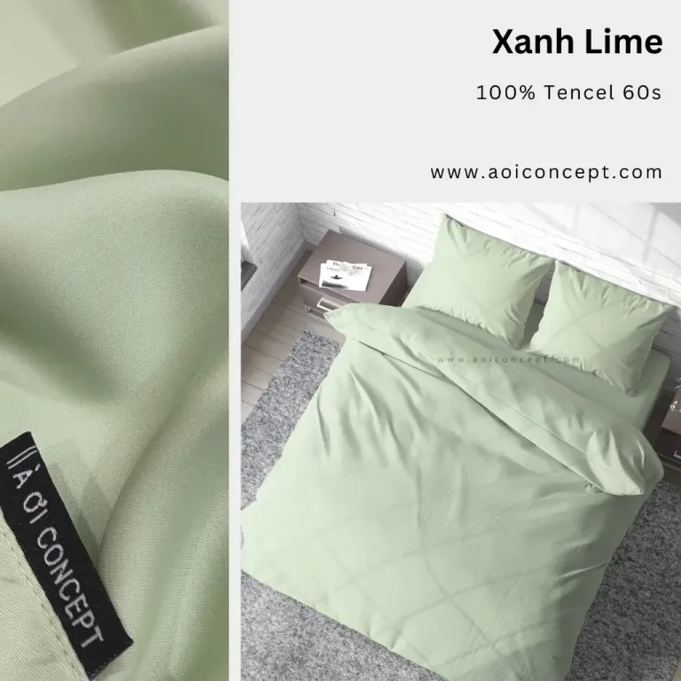 Bộ Chăn Ga Gối 5 Món Lụa Tencel Màu Xanh Lime