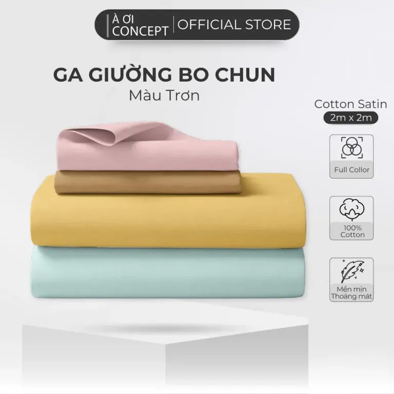 Ga Giường Cotton Satin Bo Chun Màu Vàng Mơ