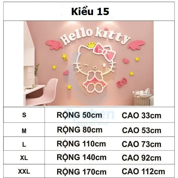 Tranh Dán Tường Mica 3D Khổ Lớn Hello Kitty Đôi Cánh Thiên Thần Kiểu 15