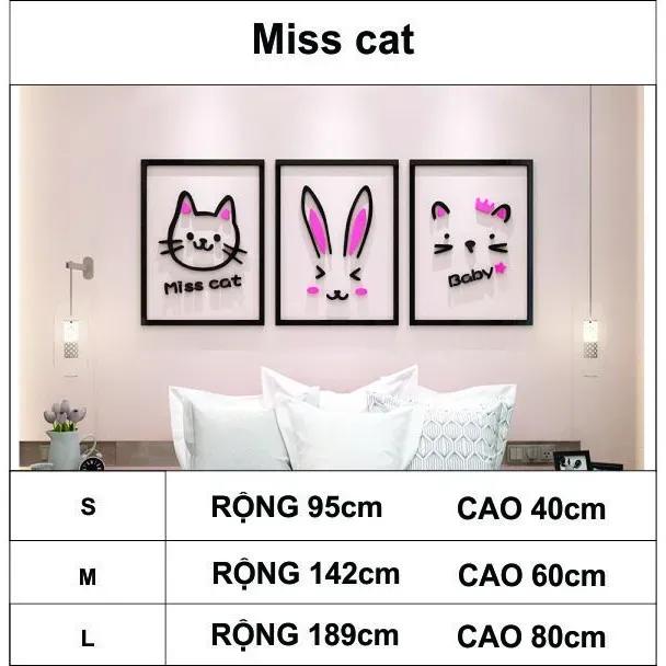 Tranh Dán Tường Mica 3D Khổ Lớn Phong Cách Hoạt Hình Miss Cat
