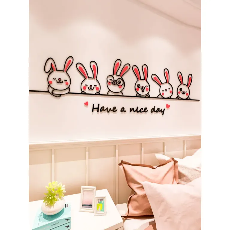 Tranh Dán Tường Mica 3D Khổ Lớn Hoạt Hình Thỏ Bunny Dễ Thương