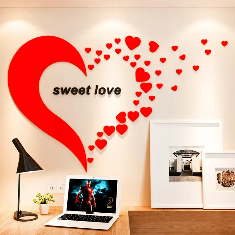 Tranh Dán Tường Mica 3D Khổ Lớn Trái Tim Sweet Love Lãng Mạn