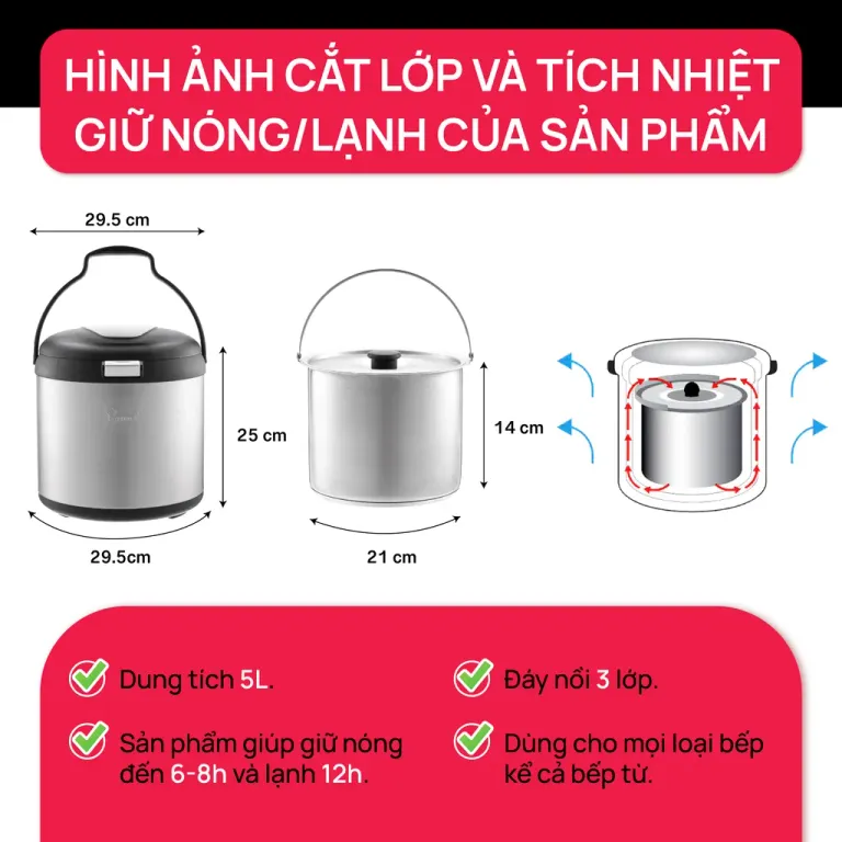 Nồi Ủ Chân Không Giữ Nhiệt Nấu Chậm Làm Mềm La Gourmet 5L Đa Năng