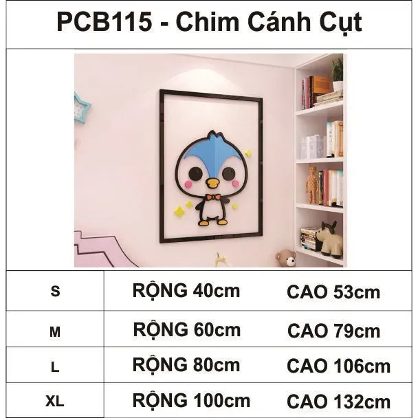 Tranh Dán Tường Mica 3D Khổ Lớn Gấu Trúc / Chim Cánh Cụt / Mèo