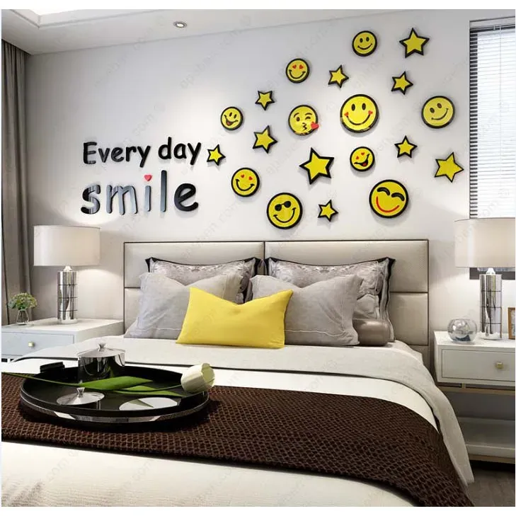 Tranh Dán Tường Mica 3D Khổ Lớn Smile Icon Sticker Cười Vui