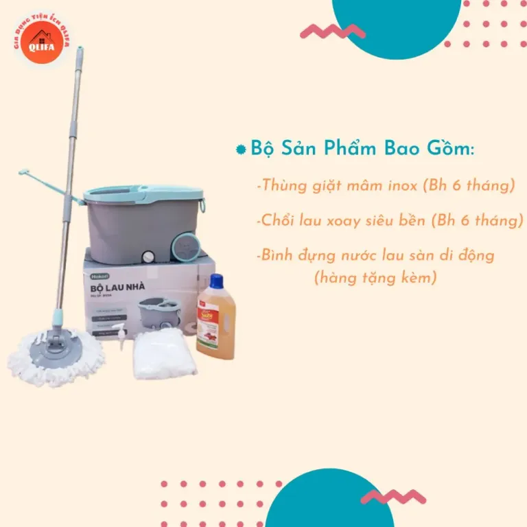 Bộ Cây Lau Nhà Tròn 360 Độ Nhựa PP, Thép Không Gỉ Siêu Bền