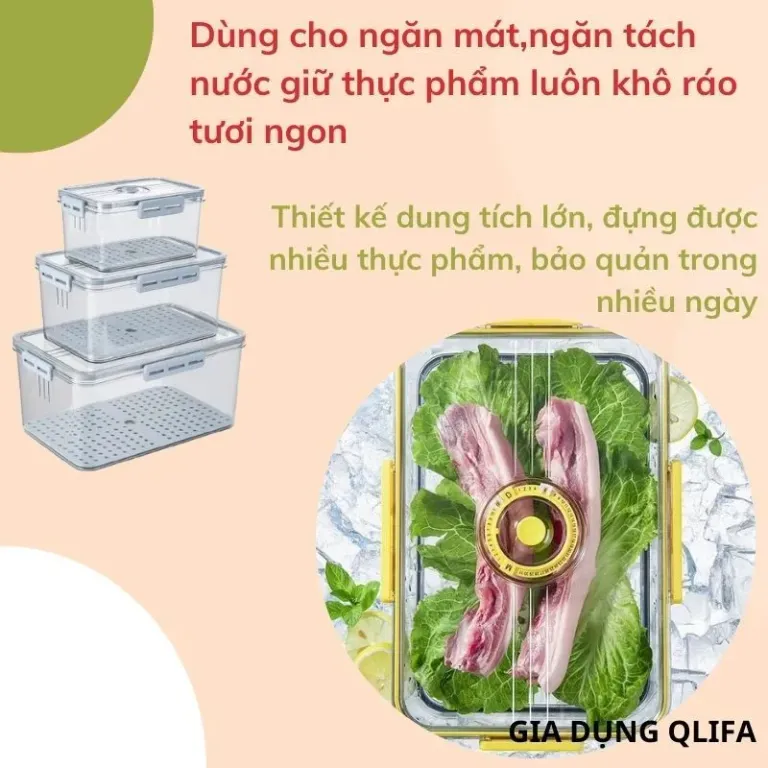 Bộ Hộp Thực Phẩm Nhựa Nguyên Sinh Có Khay Thoát Nước, Nút Thoát Khí, Khóa 4 Phía, Doăng Chống Tràn