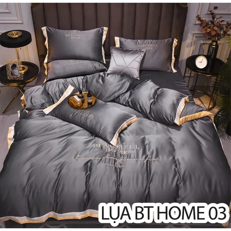 Trọn Bộ Chăn Ga Vỏ Gối Lụa Cotton BEAUTIFUL HOME - Chữ Thêu Sang Trọng - Phối Viền Nhiều Màu