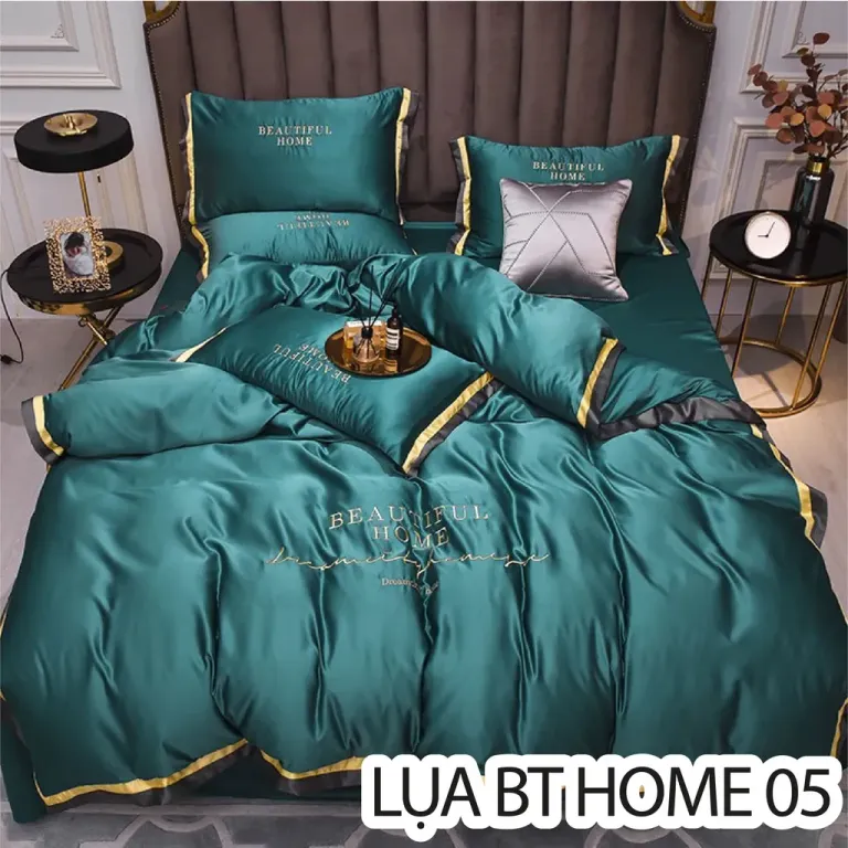 Trọn Bộ Chăn Ga Vỏ Gối Lụa Cotton BEAUTIFUL HOME - Chữ Thêu Sang Trọng - Phối Viền Nhiều Màu