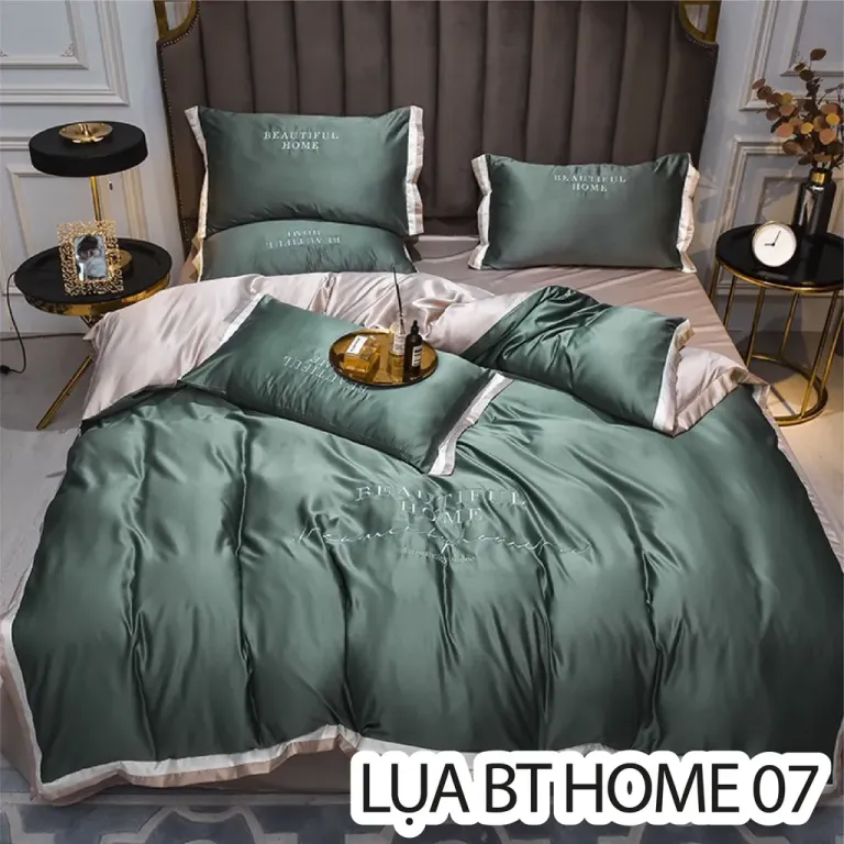 Trọn Bộ Chăn Ga Vỏ Gối Lụa Cotton BEAUTIFUL HOME - Chữ Thêu Sang Trọng - Phối Viền Nhiều Màu