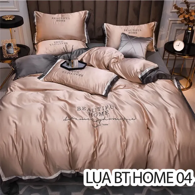 Trọn Bộ Chăn Ga Vỏ Gối Lụa Cotton BEAUTIFUL HOME - Chữ Thêu Sang Trọng - Phối Viền Nhiều Màu