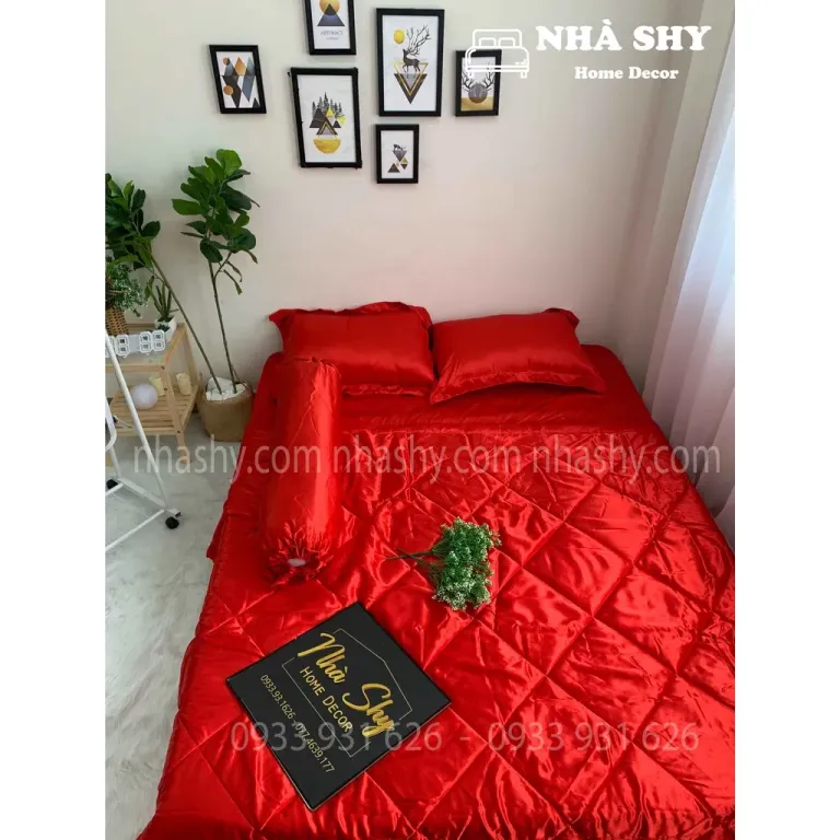 Trọn Bộ Drap Giường Phi Lụa Bóng Cao Cấp - Màu Đỏ Tươi - Mã 12