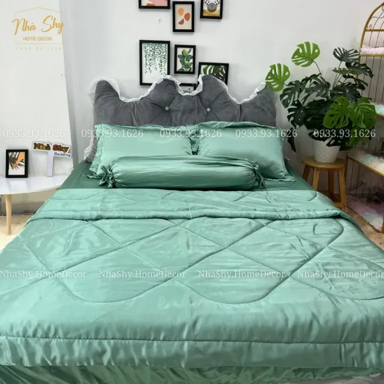 Trọn Bộ Drap Giường Phi Lụa Bóng Cao Cấp - Màu Xanh Ngọc - Mã 21