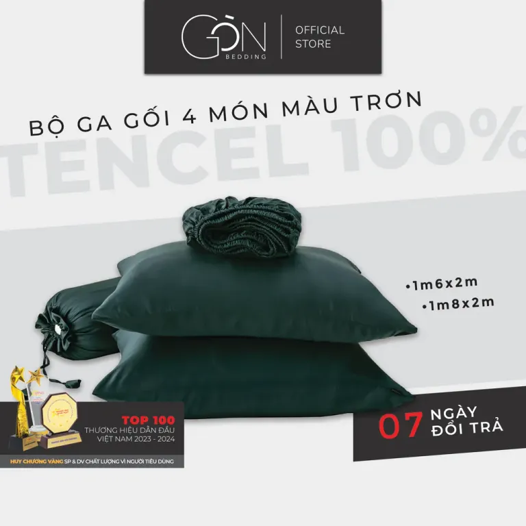 Bộ Ga Gối 4 Món Gòn Bedding Lụa Tencel 60s Cao Cấp Màu Trơn 1m8x2m - 1m6x2m