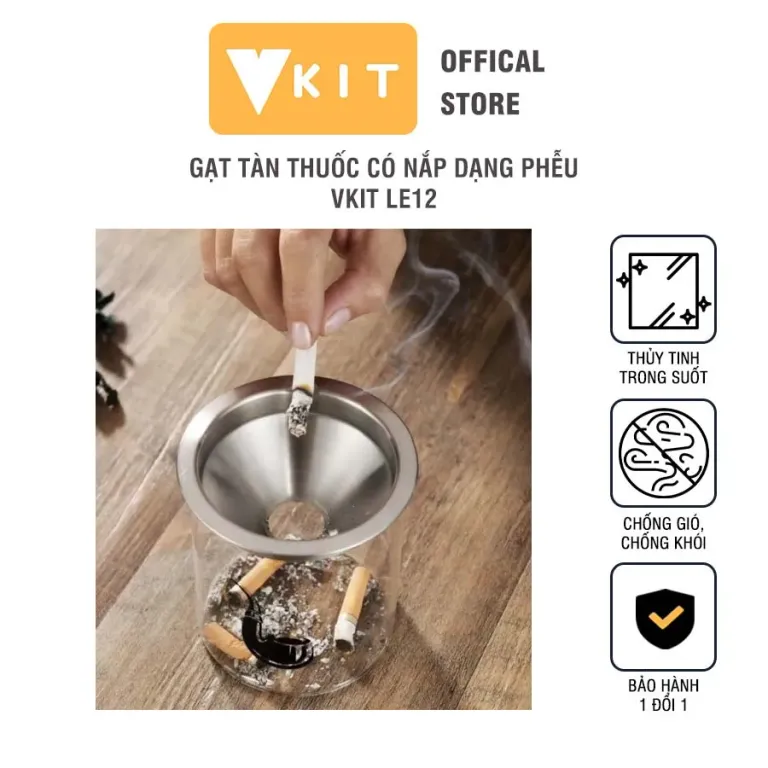 Gạt Tàn Thuốc Có Nắp Dạng Phễu Bằng Thủy Tinh Cao Cấp VKIT LE12