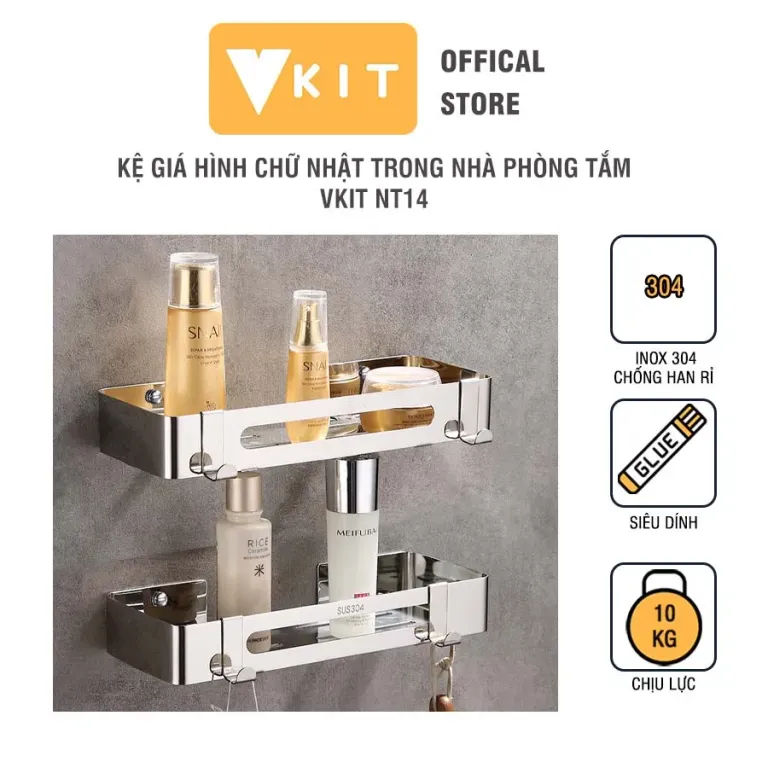 Kệ Inox Cao Cấp Để Trong Nhà Phòng Tắm Có Giá Hình Chữ Nhật Chống Han Gỉ, Dán Siêu Chắc VKIT, Kèm Móc Treo NT14